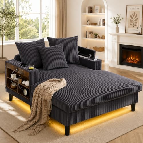Chaiselongue de Pana con LED y USB, Salón, Gris Oscuro, 129x170x70 cm