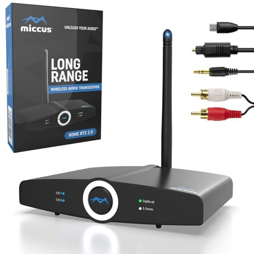 Long Range Bluetooth Transmitter or Receiver, Audio Only for TV PC Stereo, Connect Speaker, Headphones, Phone, aptX Low Latency Wireless Adapter, Listen in HD No Delay Optical RCA 3.5mm (Home RTX 2.0)