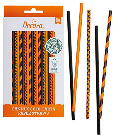 Decora 0350106 PAQUETE 80 PAJITAS DE PAPEL BIO NARANJA&NEGRO Ø 6 X 210 MM, color surtidos (KB2B1)