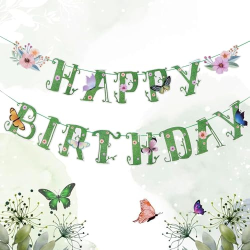 SUNBEAUTY Green Happy Birthday Party Banner Pre-Strung Spring Wildflower Birthday Garland with Butterflies Flowers Hanging Party Decorations for Garden Party Birthday Baby Shower