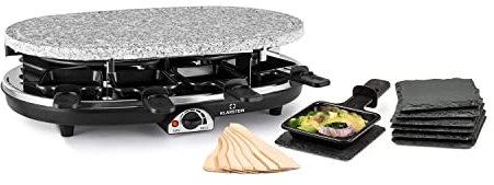 Klarstein Steaklette All-U-Can-Grill Raclette - raclette eléctrica grill de 1500 vatios, raclette y piedra para 8 personas, temperatura regulable, posavasos y espátula de madera, Grill 2 en 1, negro