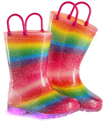 EUXTERPA Glitter Girls Wellies, Light Up Rain Boots for Kids Toddler | Gradient, Rainbow, Waterpoot, Easy-On Handles, Step Flashing, Non-Slip Outsole, Puddle Play, Outdoor, Farm