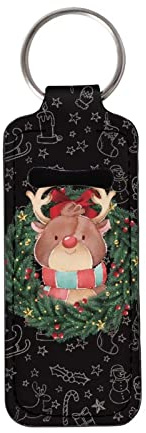 COEQINE Women Girls Chapstick Holder Keychain Lipstick Holder Clip-on Sleeve Chapstick Pouch Lip Balm Holder Keychain Christmas Decor Print Cartoon Deer Black