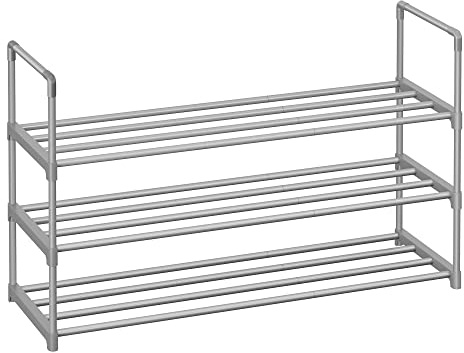 SONGMICS 3-Tier Shoe Rack, Metal Shoe Storage Organiser Fits 16 to 20 Pairs | Shoe Storage Rack 30 x 92 x 55 cm, Upright or Upside Down Stackable for Hallway,Grey,DEKY CollectionLSA303G01