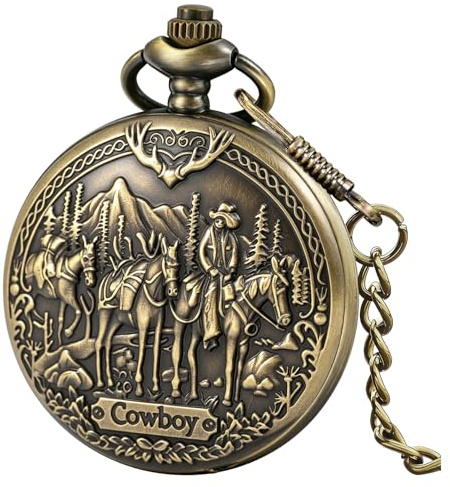 Tiong Pocket Watch Engraved Cowboy Arabic Numerals Quartz with Chain Gifts