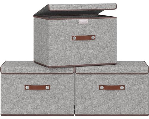 Lifenite 3er-Set stoffboxen mit deckel, zusammenklappbare Aufbewahrungsbox aus Leinen mit PU-Griffen, Aufbewahrung für Kleidung, Spielzeug, Bücher, Decken, Büro, Schrank, Schlafzimmer, Grau