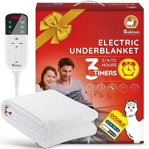 Mia&Coco Electric Heated Blanket Double, Heated Underblanket with 12hour Timers and 3 Heat Settings, LED Display, Overheat Protection Throw, Easy Fit Shoulder Straps, Machine Washable (160 x 130cm)