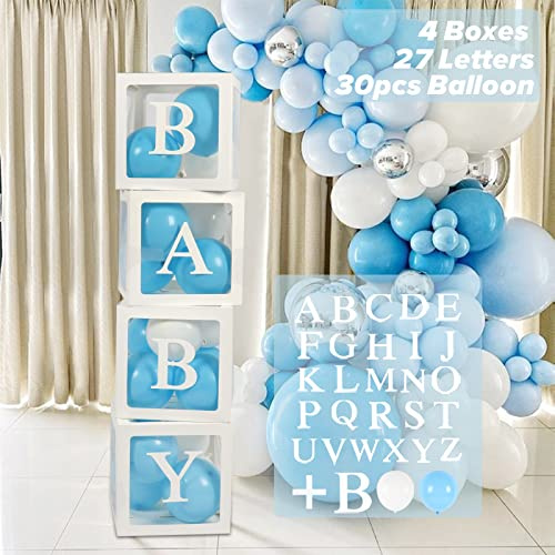 Scatole Baby Shower Decorazioni Bambino, 4 Scatole Trasparenti Con 30 Palloncini Blu e Bianco, Scatola Baby con 27 Lettere per Baby Shower Boy, Battesimo Bambino