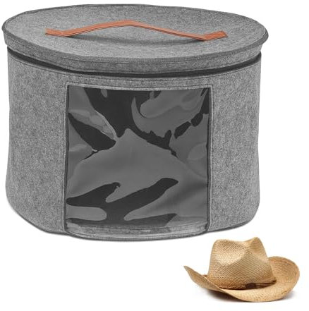 DYOUen Hat Boxes Hat Storage Box Felt Round Hat Box Foldable with Carry Handle and Clear Window for Wardrobe Organization, Travel,Dustproof (grey)