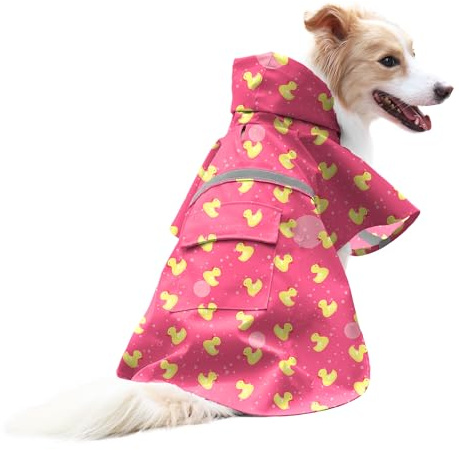 DELIFUR Large Dog Raincoat- Waterproof Dog Rain Poncho Adjustable Double Layer Rain Jacket with Hood for Medium Large Dogs Designed with Leash Hole Reflective Strip and Ducks (Pink Duck, X-Large)