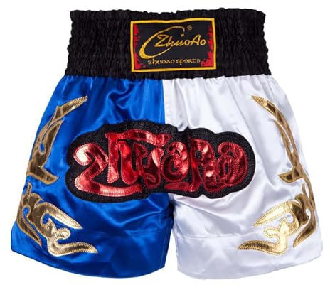 Xnihocha Kinder Muay Thai Boxen Short Hose Jungen Boxhosen Kickboxen MMA Kampfsport Boxhosen Fitnessstudio Training Blau Weiss 134-140