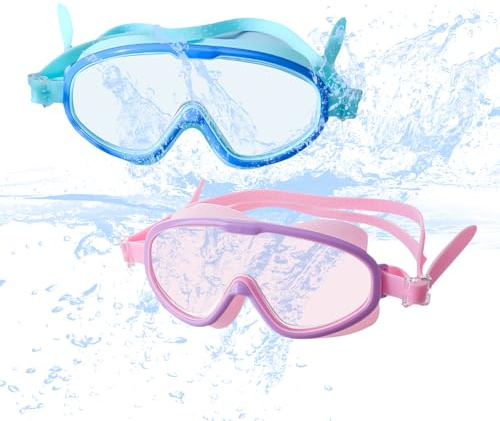 Yunova 2 Pack Kids Swimming Goggles Mask, Anti Fog Leakproof Swim Glasses for Toddler Children Age 3-12, Wide View Waterproof Junior Pool Goggles for Girls and Boys, 1 Pink + 1 Blue Share Set
