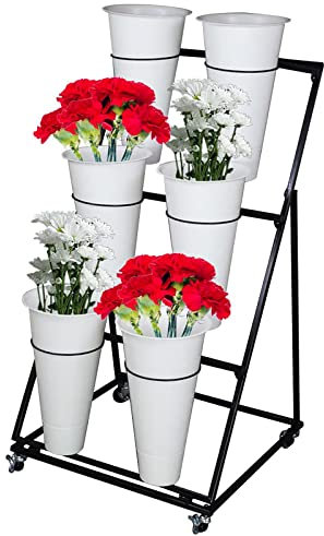 TWHZSAI Carrello portafiori Bianco con Ruote, 3 Ripiani e 6 secchi per Interni, Esterni, Giardino e Patio