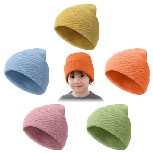 Mayoii 5PCS Kinder Beanie Dünne Strickmütze für Winter Frühling, Bunten Farben Perfekt für Alltag, Outdoor und Schule 2-10 Jahre (DE/NL/SE/PL, Alphanumerisch, Einheitsgröße, 5er-Packung Mehrfarbig)