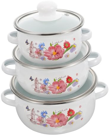 balacoo 3 Pezzi Pentola Smaltata per Stufato con Pentola con Piatto Resistente Temperature per Stufati e Zuppe Compatibile con Piani Cottura Induzione Design Vintage con Pattern Casuale