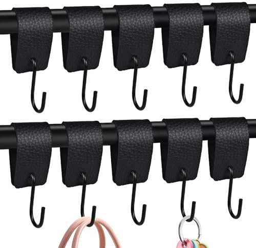 YUUTIAL S Haken mit Lederschlaufe 10 Stück, Kleiderstange Fensterhaken zum Einhängen Garderobenhaken Hosenhaken für Küche, Schrankaufhängung, Bad Schlafzimmer, Wohnzimmer(Schwarz)