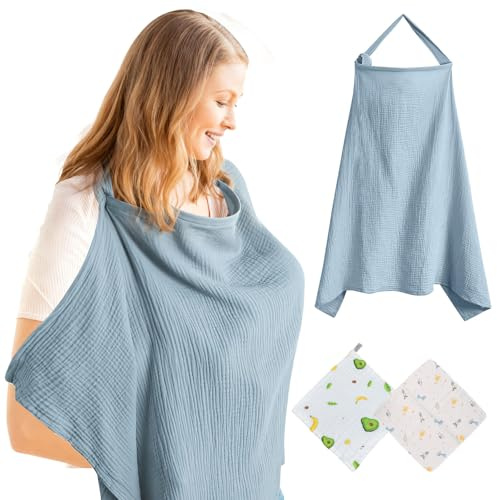 Solivive Tablier Allaitement Bébé, Couverture Respirante en Coton Doux (71x95 cm), Écharpe Ajustable pour Mamans, 4 Couches de Bavoirs Mousseline + 2 Couches Coton Doux (bleu clair)