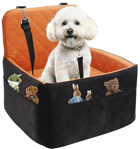 Dog Car Seat for Small/Medium Dogs,Pet Dog Booster Car Seat Puppy 15-35 lbs with Soft 4+2in Detachable Pads Detachable Elevated Cushion and Washable Cover Brown