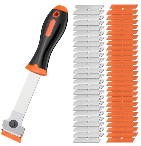 Window Scraper Tool - Glass Scraper Tool Kit, Long Handle Scraper Tool, with 25 Metal Scraper and 25 Plastic Scraper for Removing Window, Glass, Car Decals Wallpaper Labels