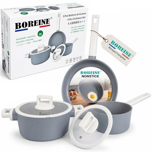 BOREINE 5 st köksredskap, set med kastruller och stekpannor med lock, PFOA-fri granit-non-stick-beläggning, kompatibel med alla spisar (induktion, keramiska, gas), dimgrå