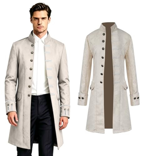 Crubelon Men's Steampunk Vintage Tailcoat Jacket Gothic Victorian Frock Coat Uniform Halloween Costume (White, S)