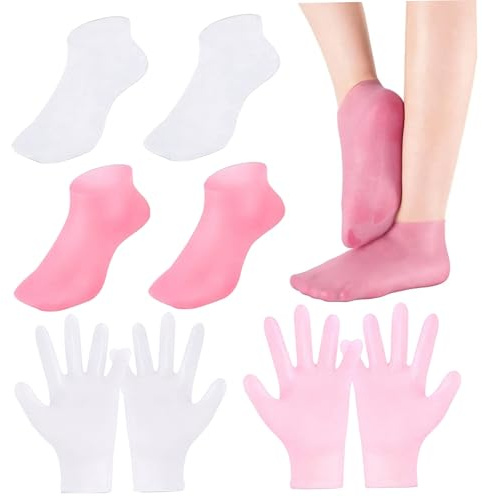 Juego de 4 pares de guantes y calcetines hidratantes de silicona, calcetines y guantes antideslizantes para spa, alta elasticidad, reutilizables para pies, manos, suavizantes, secos agrietados