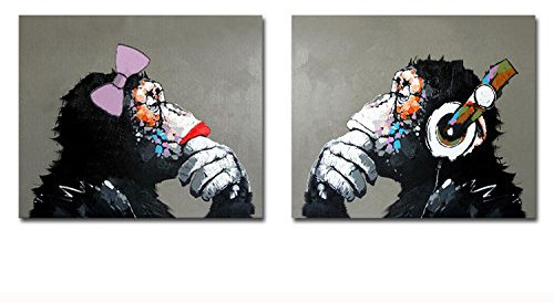 Fokenzary dipinta a mano pittura a olio su tela ascoltare musica pop Gorilla coppia Lover decorazione della parete incorniciato pronto da appendere, Tela, 24x32inx2pcs