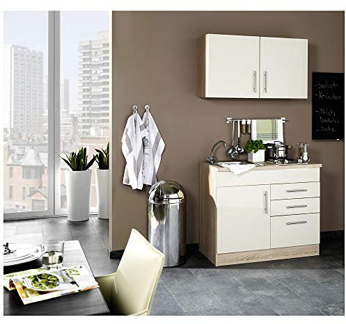 Lomadox Single-Küche 100cm Hochglanz Creme inkl. Spüle & Kochmulde