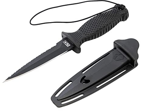 JBL Spearguns The Shiv X Dive Knife for Freediving, Spearfishing, Diving, Non-Slip Rubber Handle, Stainless Steel, Molded Sheath, Survival Hunting Knife, 4.5 Inch Double Edge Blade