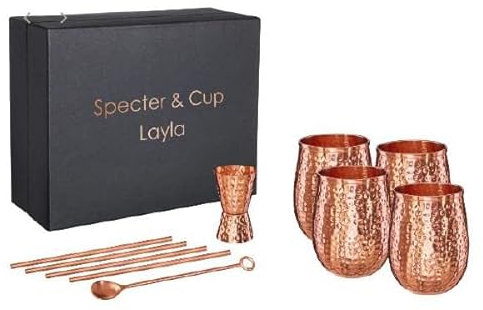 Specter Kupferbecher Layla 4er Set 500ml mit Zubehör, 100% reines Kupfer, Cocktailbecher, Barset