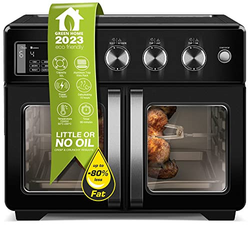 TurboTronic Mini Backofen - 4in1 Heißluftofen und Heißluftfritteuse XXL Version 32L inkl. Drehspieß & viel Zubehör, Dörrgerät ab 25°C & Grill, Airfryer, kleine Mini Tisch Back Pizzaofen (schwarz)