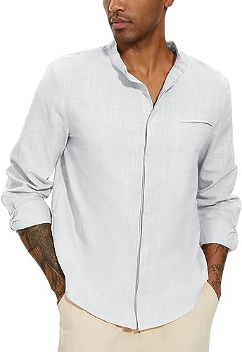 YAOBAOLE Chemise en Lin Homme Manche Longue Légère Été Col Mao Boutonnée Casual Plage Classique Unicolore
