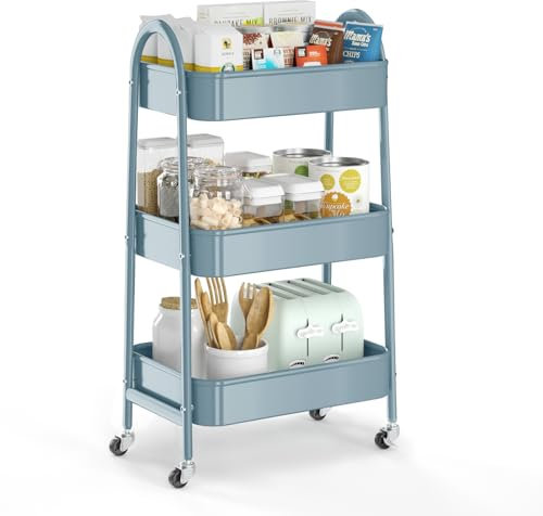 EAGMAK 3 Tier Utility Rolling Cart, Metal Storage Cart with Handle and Lockable Wheels, Multifunctional Storage Organizer Trolley with Mesh Baskets for Kitchen, Living Room, Office, Garage (Blue)
