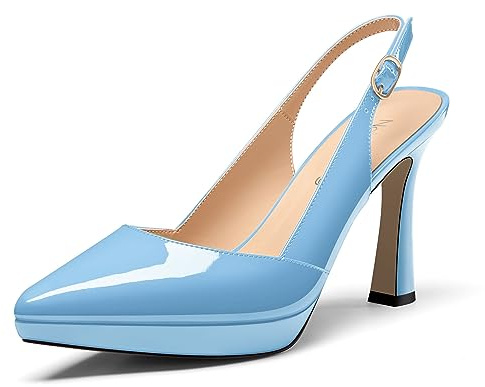 NobleOnly Femmes Aiguille Haut High Talon Heel Pointu Bout Slingback Plate-Forme Escarpins Slip-on Boucle Décontracté Chaussures 10 CM Heels Bleu Ciel 41 EU
