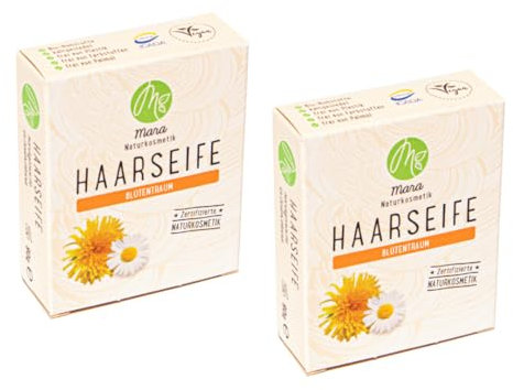 Mara Naturkosmetik - Feste Haarseife Blütentraum – Pflegende Wellness Reinigung ohne Palmöl für Frauen, Männer – Naturseife, nachhaltig, vegan, bio, umweltfreundlich, handgemacht, zertifiziert 2x90g