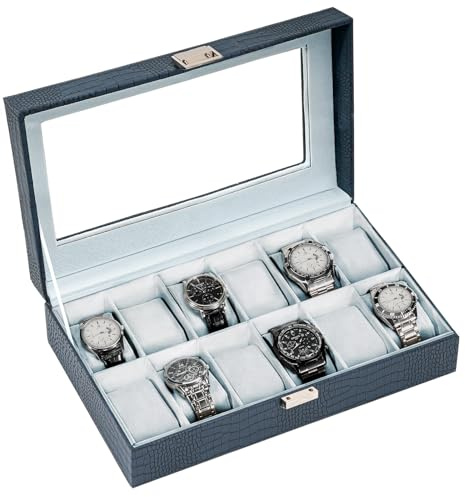 ProCase Watch Box Organizer, 12 Slot Watch Display Case, CrocCobaltBlue | Watches Storage Boxes Holder for Men Women, Large Glass Lid, Removable Pillows, Anniversary Christmas Birthday Gifts