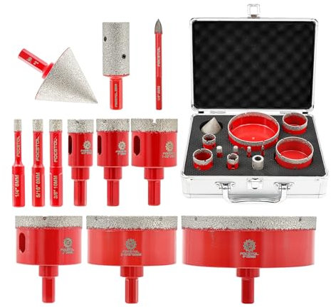 Diamond Core Drill Bit Set - FOCSTOL 12pcs (6/8/10/20/25/35/50/68/100mm+20mm Finger Milling Bit+50mm Beveling Chamfer Bit+6mm Carbide Drill) Hole Saw Kit for Porcelain Ceramic Tile Marble Granite
