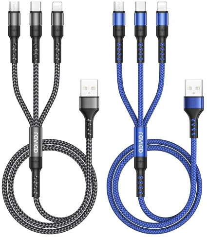 RAVIAD Multi Cavo di Ricarica, 3 in 1 Multiplo Cavetto [2Pezzi, 1.2M] Micro USB Tipo C Lightning Nylon Intrecciato Cavo di Ricarica USB per Samsung S24/S23/S22, iPhone, Huawei P30/P20, Xiaomi, OnePlus