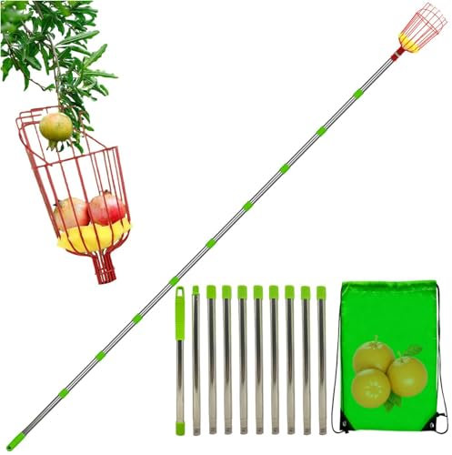 Recogedor de frutas – Pala recogedor de manzanas con cesta, recogedor de frutas telescópico de acero inoxidable con cesta – Portátil, inoxidable, extraíble, ligero, recogedor de frutas para ciruelas