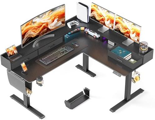 WALKINGDESK L-formad Höjdjusterbart Skrivbord med 3 lådor, 160 x 140 cm Elektriskt Datorskrivbord med Minnesfunktion, Höj- Och Sänkbart Elektriskt Hörnskrivbord, Ergonomiskt Ståbord, Svart | Elektriskt L-format skrivbord med monitorstativ, 3 lådor, datorbord för hemmakontor, gaming, svart