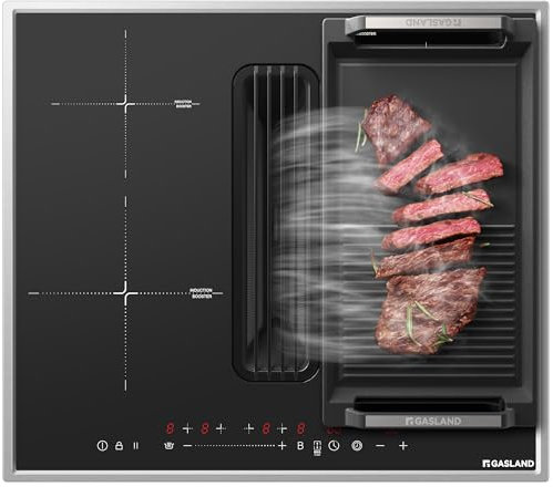 GASLAND IH604BFRB 60 cm Plaque de cuisson à induction autonome avec hotte intégrée, 4 zones de cuisson à induction avec cadre en acier inoxydable, PowerBoost, 7400W (Sans poêle à frire)