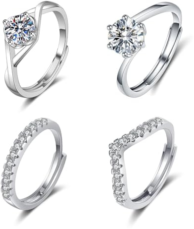4Pcs Women's 925 Sterling Silver Ring Adjustable Cubic Zirconia Wedding Engagement Anxiety Open Thumb Stacking Rings Mothering Sunday Gifts for Mom Friendship Jewelry Valentine Anniversary Easter