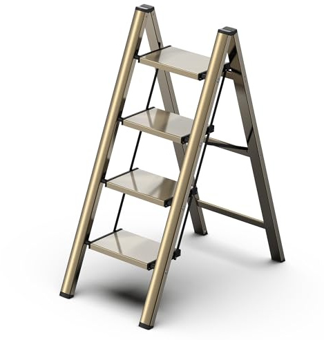 GameGem Escabeau pliable à 4 marches avec large pédale antidérapante, matériau en aluminium léger mais robuste, charge de 150 kg, aspect moderne mignon pour les espaces domestiques intérieurs