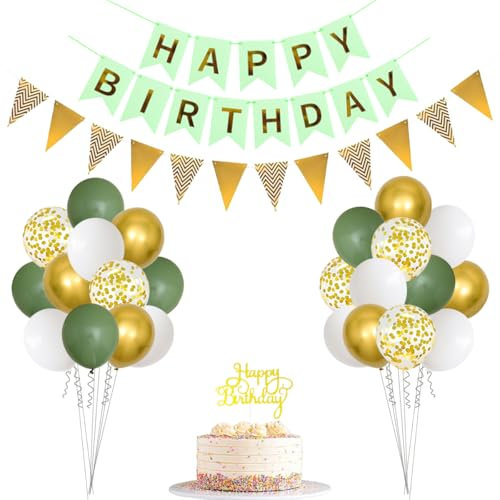 Sage Green Birthday Party Decorations, Retro Green White Metallic Gold Confetti Balloons, Happy Birthday Banner, Cake Topper for Neutral Rustic Boho Blush Safari Botanical Greenery Wild Décor Supplies