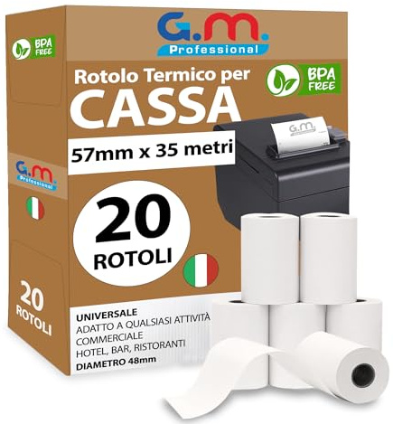 GM 20 Rotolini Cassa Omologati 57mm x 35 Metri - Termica Fiscale BPA FREE - Carta Termica per Scontrini - Rotoli Termici 57x30 57x35-2 Confezioni da 10 Rotolini Cassa - Registratore di Cassa Fiscale