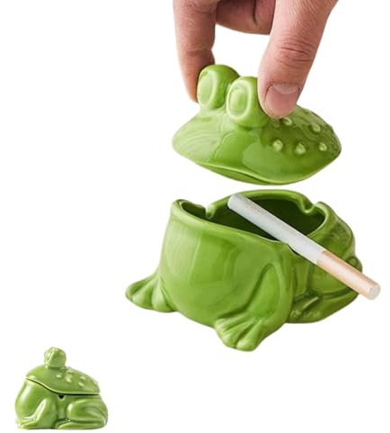 Cendrier mignon grenouille avec couvercle pour cigarette en céramique vert cendrier coupe-vent pour la maison, le bureau, la table, l'extérieur, la terrasse