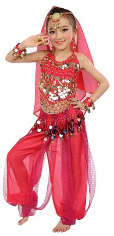Disfraz de Danza del Vientre para Niña India Bollywood Disfraz Vestido de Flamenca 2 Piezas Parte Superior de Baile y Pantalones de Linterna Disfraces de Carnaval Trajes de Danza del Vientre para Niña