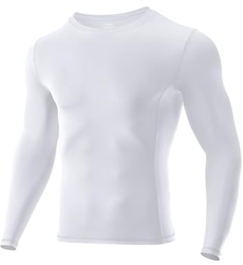 Niksa Men's Compression Long Sleeve T Shirt Muscle Fit Gym Top, 1 Pack Breathable Quick Dry Base Layer for Running Training Cycling Work, Slim Crew Neck Active Wear Clothes, White, S