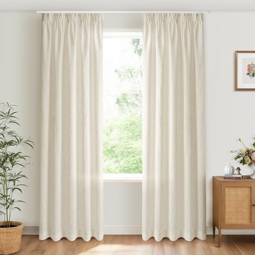 INOVADAY Gardinen mit Kräuselband 2er Set,Gardinen Wohnzimmer Modern für Schienensystem,Vorhang Halbtransparent Leinenoptik H 245 x B 140 cm,Natur
