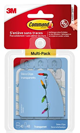 Command Multi-Pack de Crochets Déco Clip Transparents - 40 Clips et 48 Petites Bandes Adhésive - Pour la Décoration de Noël et des Guirlandes Lumineuses, Accrochage Sans Dommage